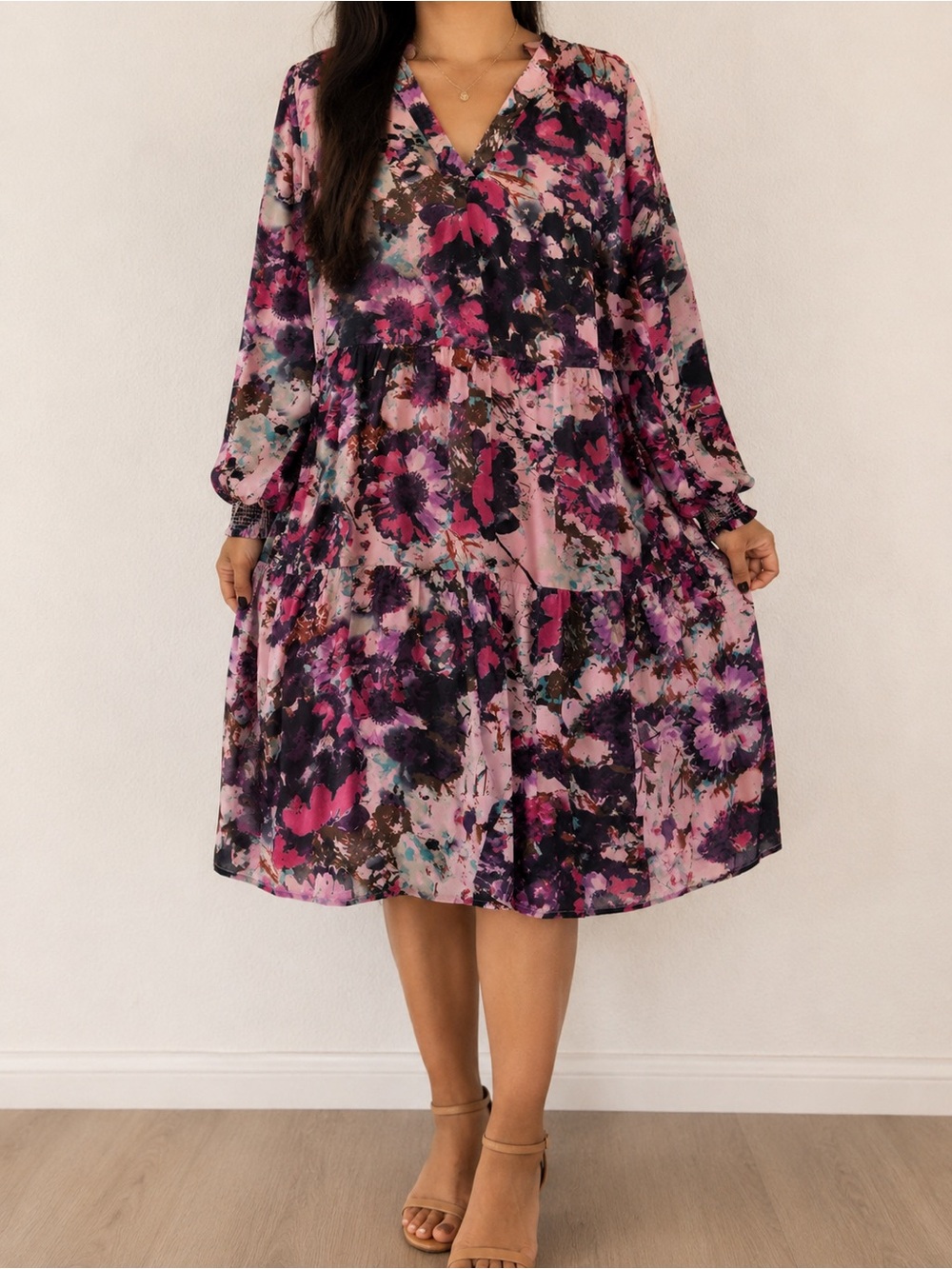 NWOT Ellos Floral Tiered Long Sleeve V-Neck Dress Women’s Size 18/20 Large